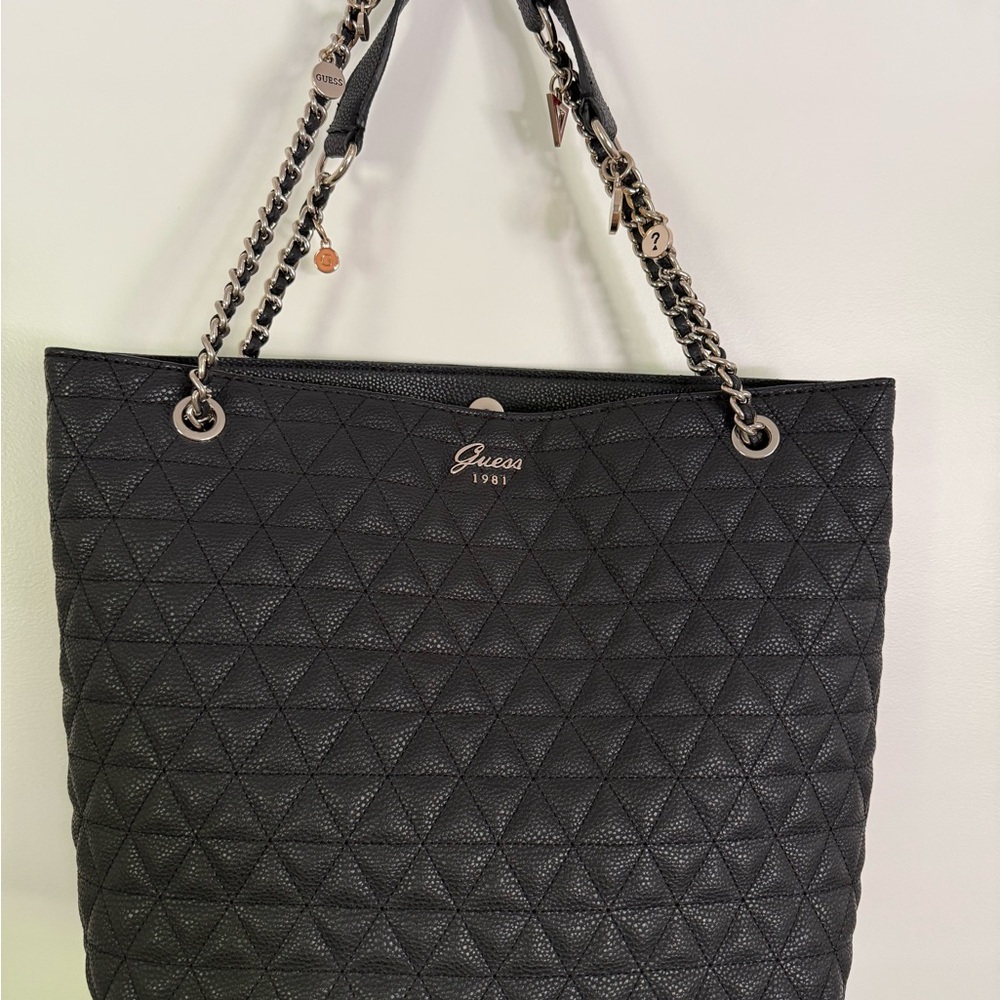 Guess Black Quilted Tote with Chain Straps